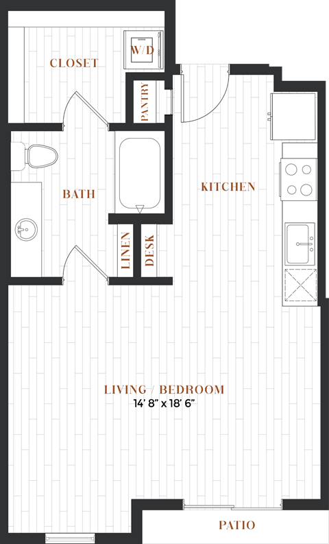 Floor plan for studio, 1 bath, 579 sqft